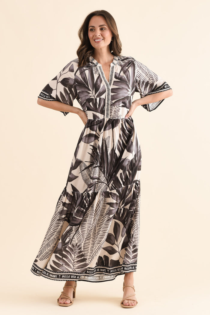 Lyndall Grey Palm Tie Dress,Full Body,Brunette model,alt text|model:MJ