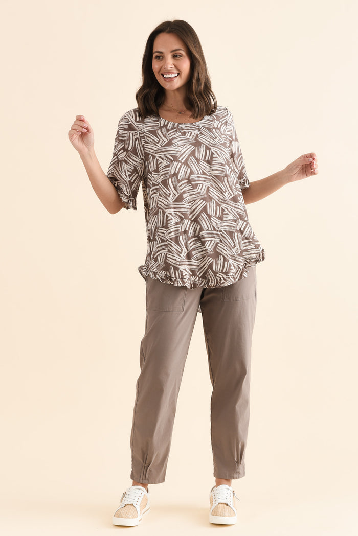 Lyndon Mocha Leaf Frill Sleeve Top,Full Body,Brunette model,alt text|model:MJ