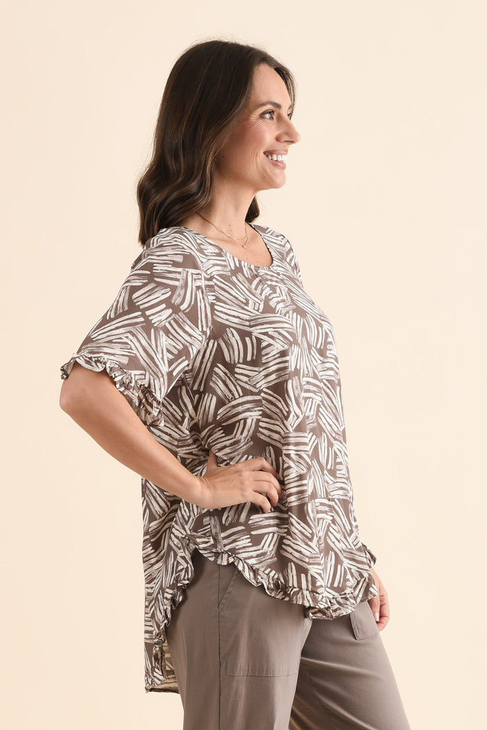 Lyndon Mocha Leaf Frill Sleeve Top,Side,Brunette model,alt text|model:MJ
