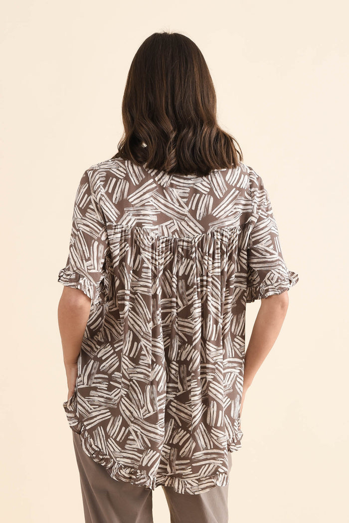 Lyndon Mocha Leaf Frill Sleeve Top,Back,Brunette model,alt text|model:MJ