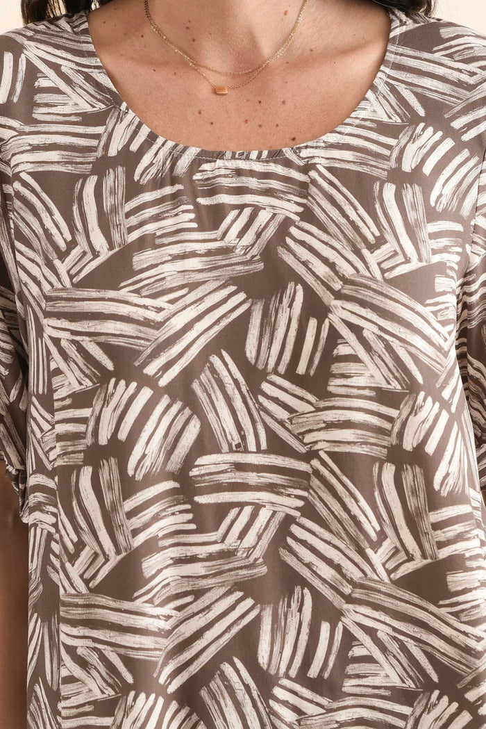 Lyndon Mocha Leaf Frill Sleeve Top,Detail,Brunette model,alt text|model:MJ