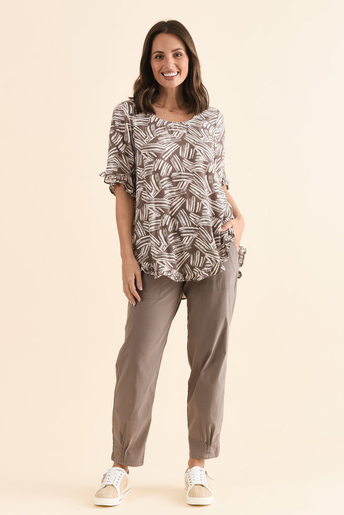 Lyndon Mocha Leaf Frill Sleeve Top,Full Body,Brunette model,alt text|model:MJ