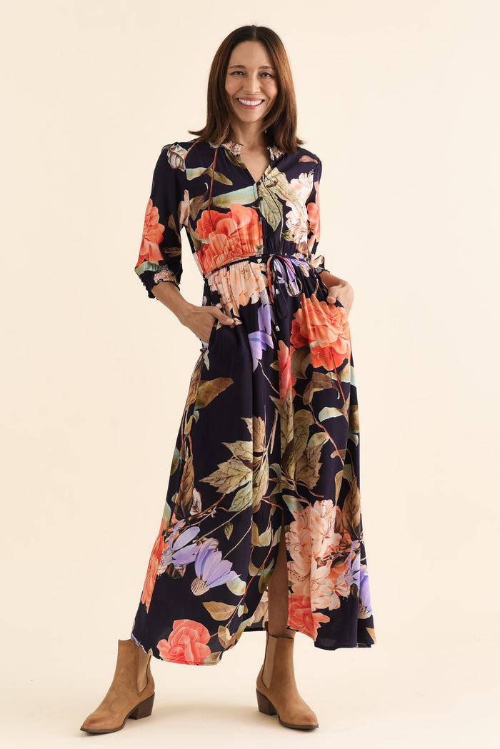 Lyria Navy Floral Tie Dress,brunette model,Front of Outfit,alt text|model:Cara