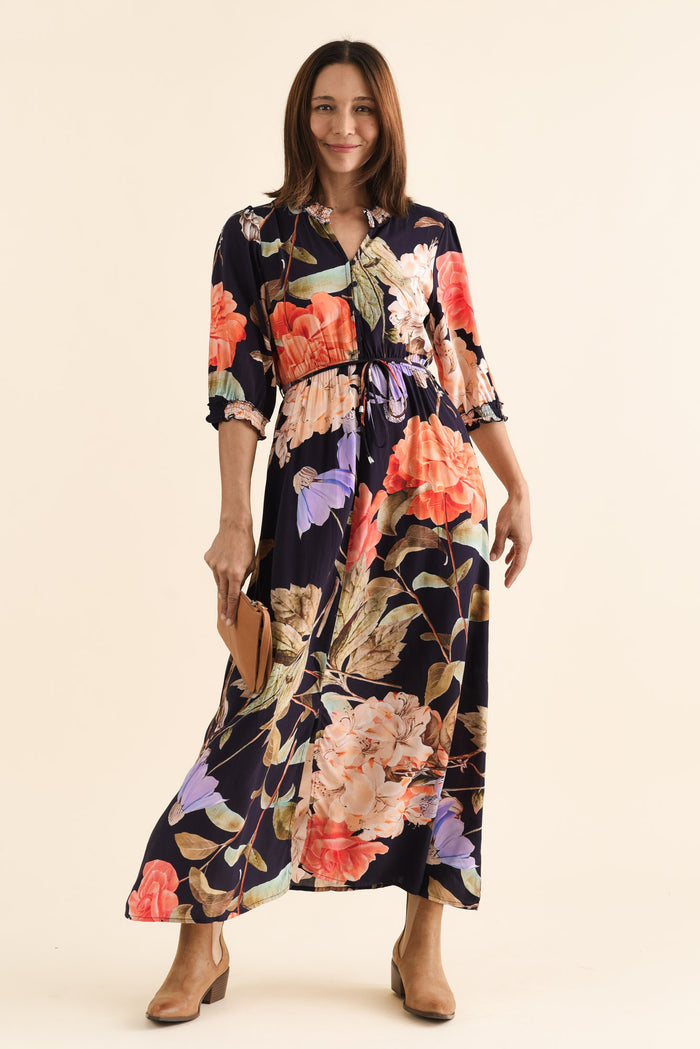 Lyria Navy Floral Tie Dress,brunette model,Full Outfit,alt text|model:Cara