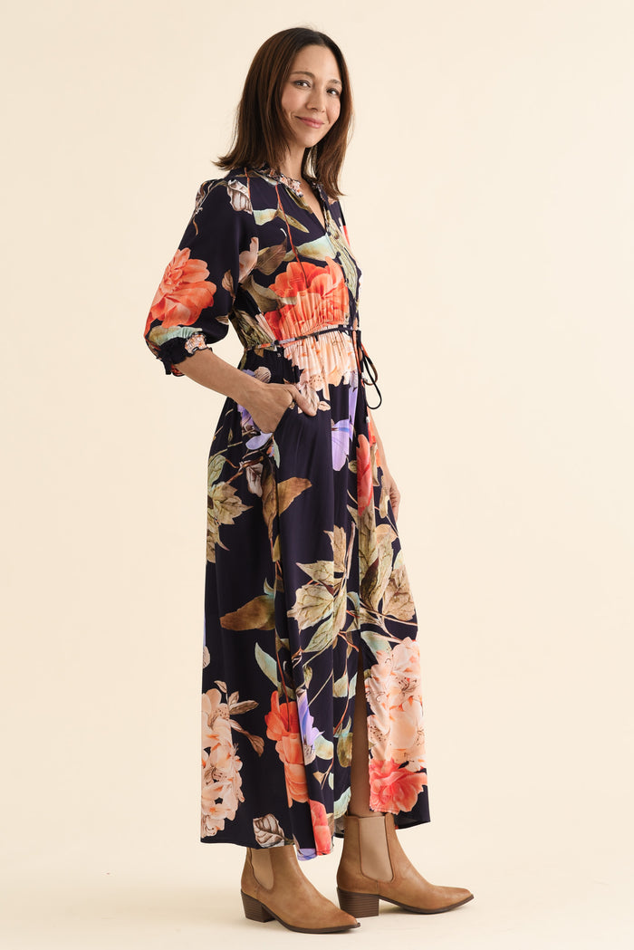 Lyria Navy Floral Tie Dress,brunette model,Side of Outfit,alt text|model:Cara