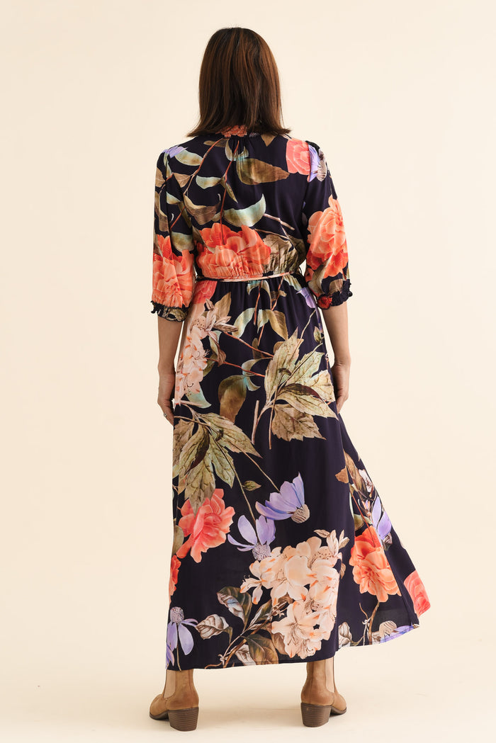 Lyria Navy Floral Tie Dress,brunette model,Back of Outfit,alt text|model:Cara