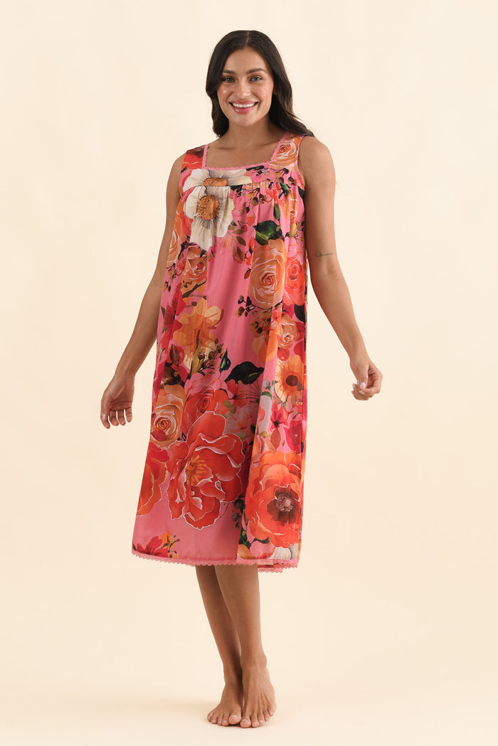Mabella Pink Rose Cotton Nightie,Brunette model,alt text|model:Brontie