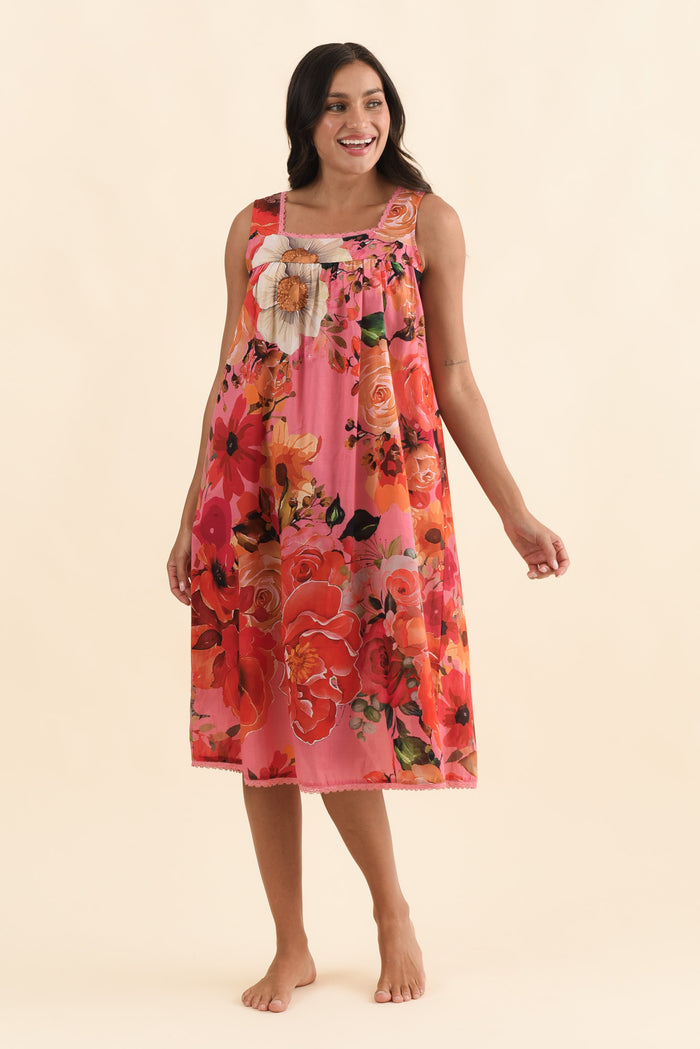 Mabella Pink Rose Cotton Nightie,Brunette model,alt text|model:Brontie