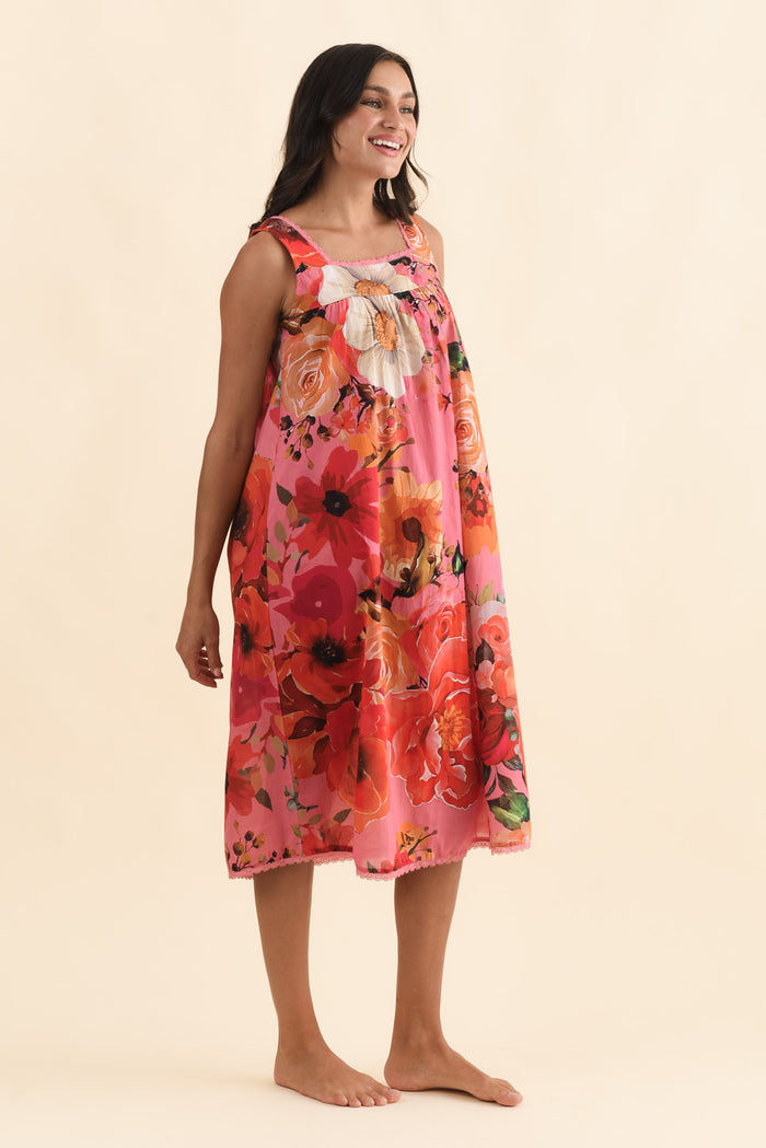 Mabella Pink Rose Cotton Nightie,Brunette model,alt text|model:Brontie
