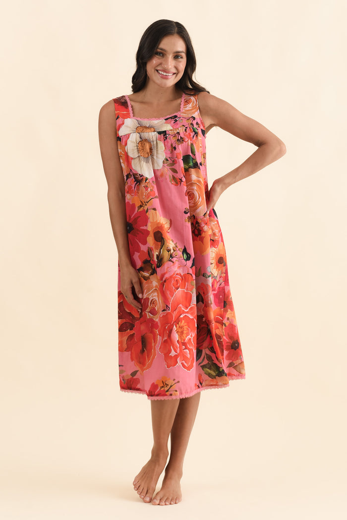 Mabella Pink Rose Cotton Nightie,Brunette model,alt text|model:Brontie