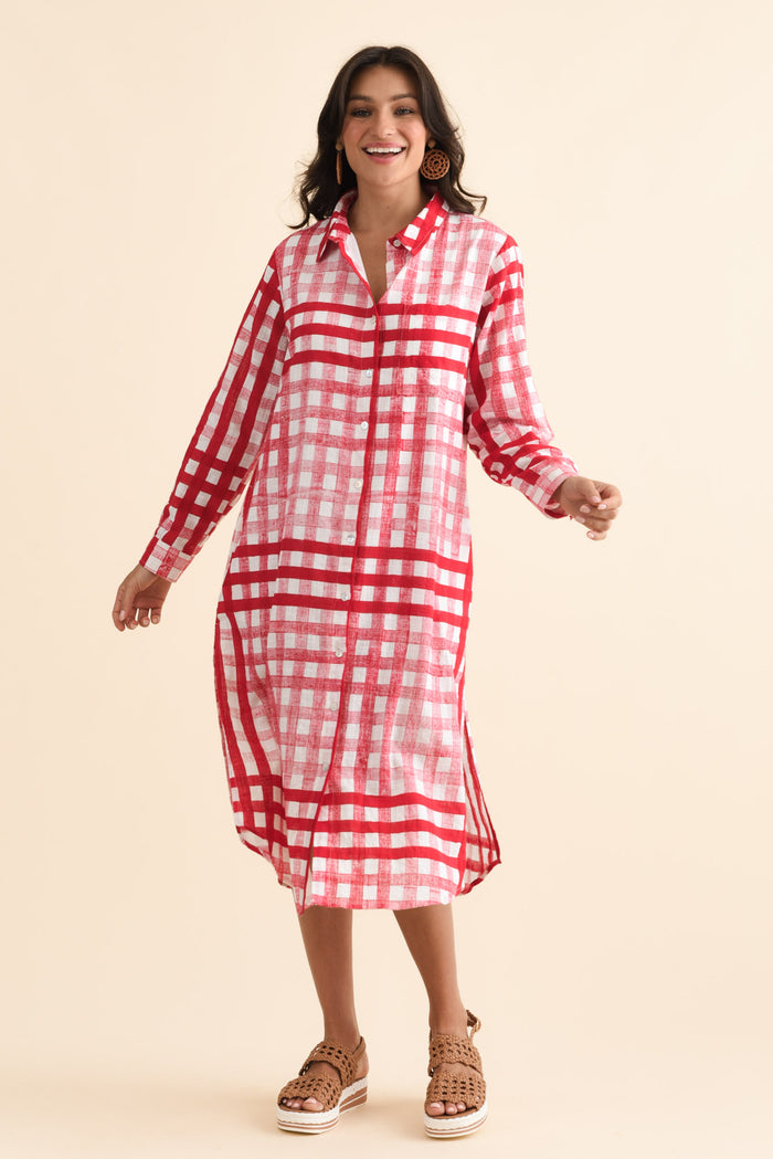 Macaria Red Check Cotton Shirt Dress,Brunette model,alt text|model:Brontie