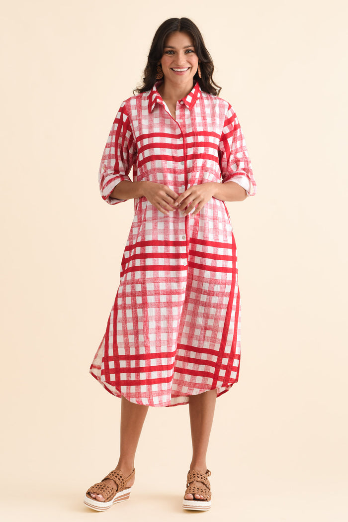 Macaria Red Check Cotton Shirt Dress,Brunette model,alt text|model:Brontie