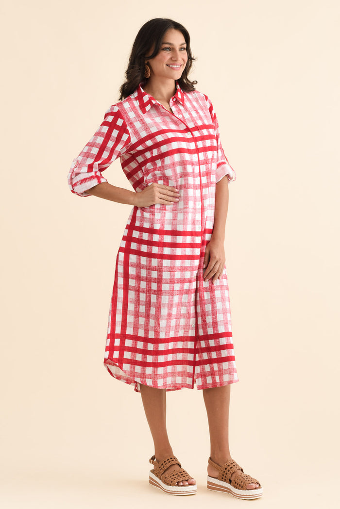 Macaria Red Check Cotton Shirt Dress,Brunette model,alt text|model:Brontie