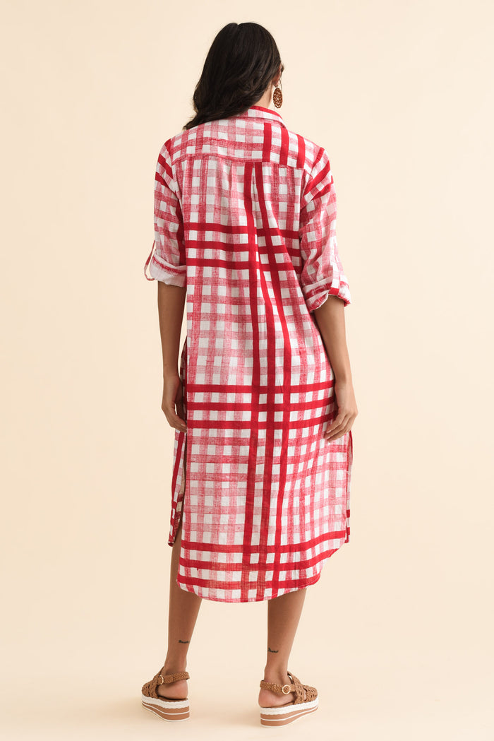 Macaria Red Check Cotton Shirt Dress,Brunette model,alt text|model:Brontie