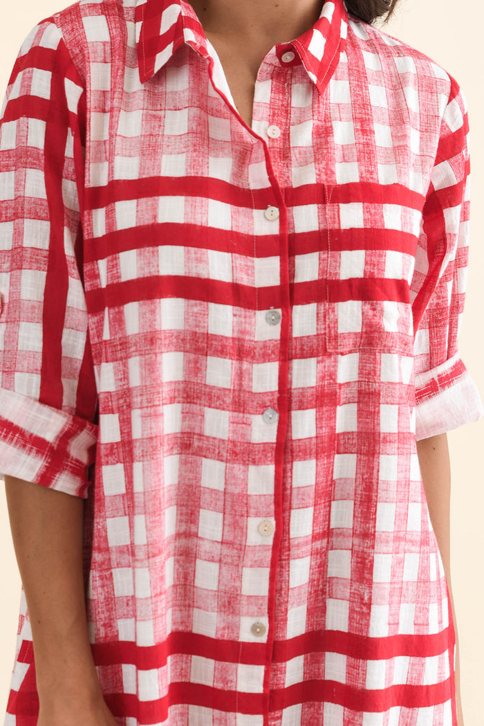 Macaria Red Check Cotton Shirt Dress,Brunette model,alt text|model:Brontie