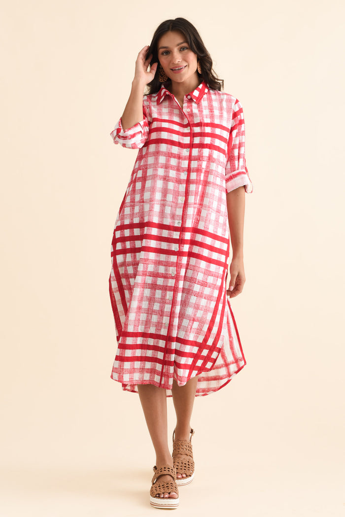 Macaria Red Check Cotton Shirt Dress,Brunette model,alt text|model:Brontie