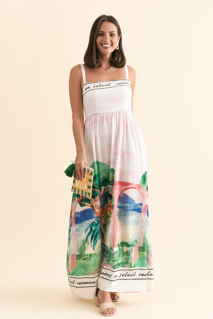 Maci White Tropical Linen Blend Dress,Brunette model,alt text|model:MJ