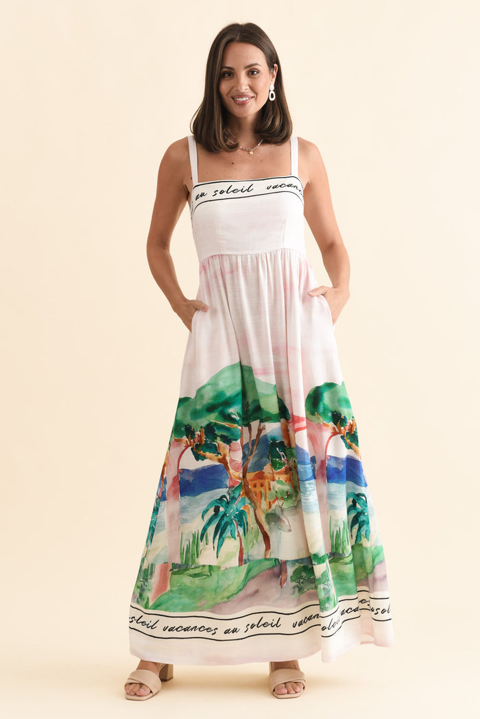 Maci White Tropical Linen Blend Dress,Brunette model,alt text|model:MJ