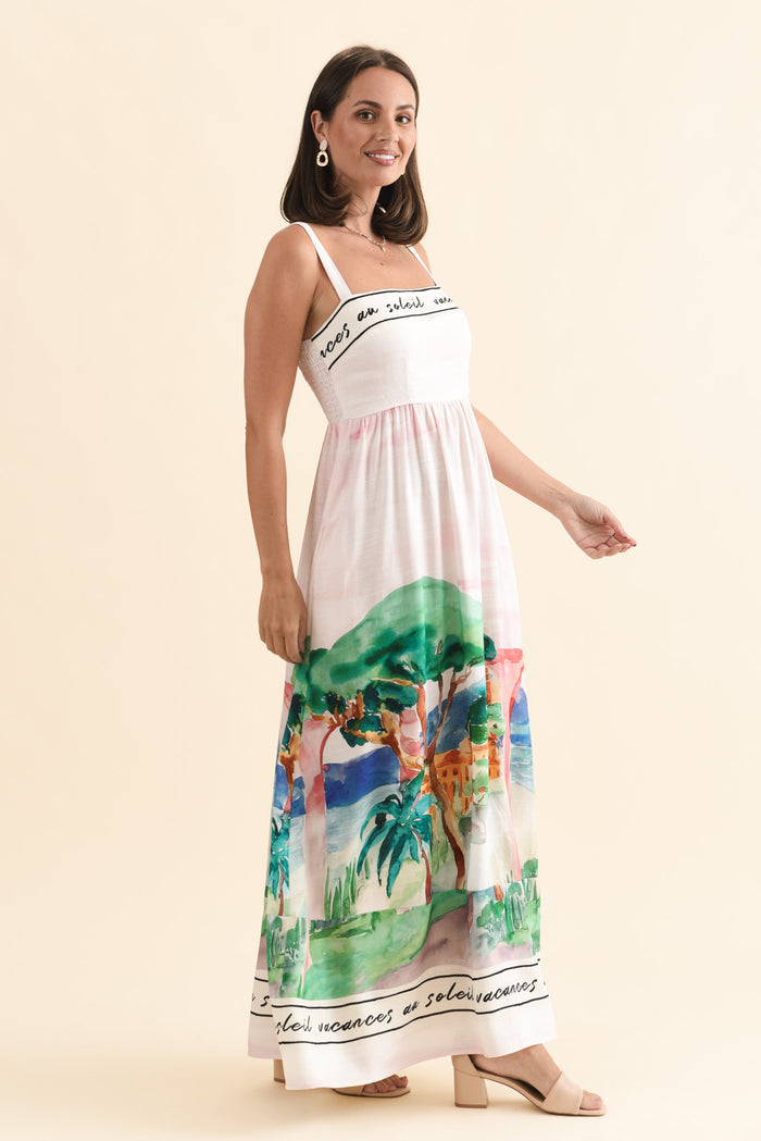 Maci White Tropical Linen Blend Dress,Brunette model,alt text|model:MJ