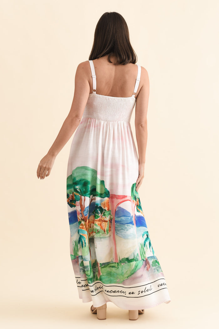 Maci White Tropical Linen Blend Dress,Brunette model,alt text|model:MJ