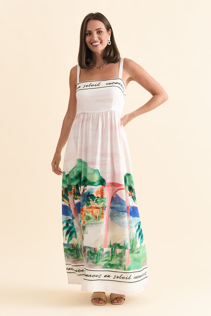 Maci White Tropical Linen Blend Dress,Brunette model,alt text|model:MJ