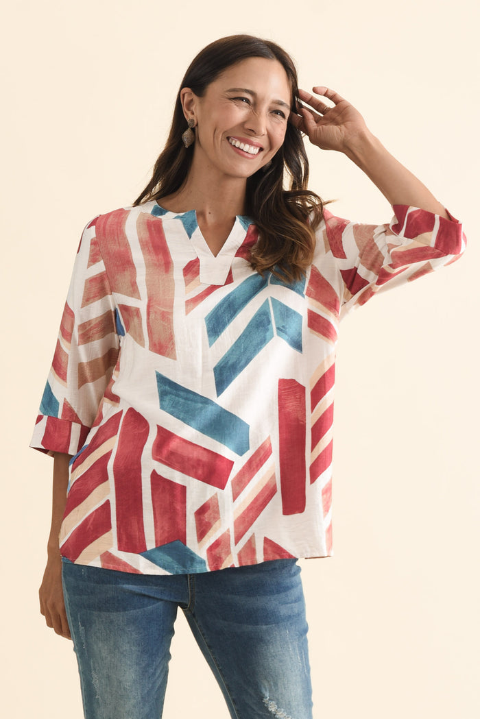 Maddox Pink Mosaic Cotton Blend Top,Brunette model,alt text|model:Cara