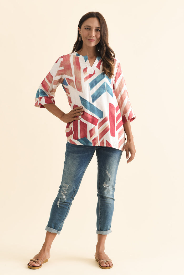 Maddox Pink Mosaic Cotton Blend Top,Brunette model,alt text|model:Cara