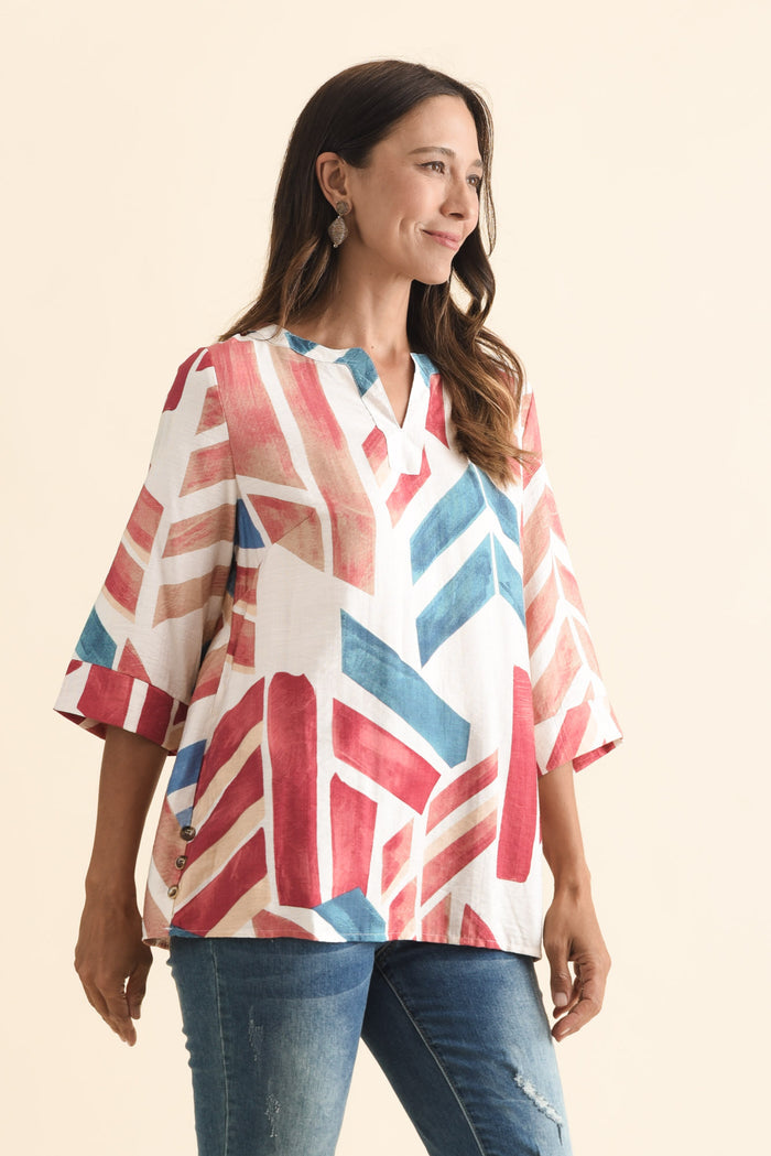 Maddox Pink Mosaic Cotton Blend Top,Brunette model,alt text|model:Cara