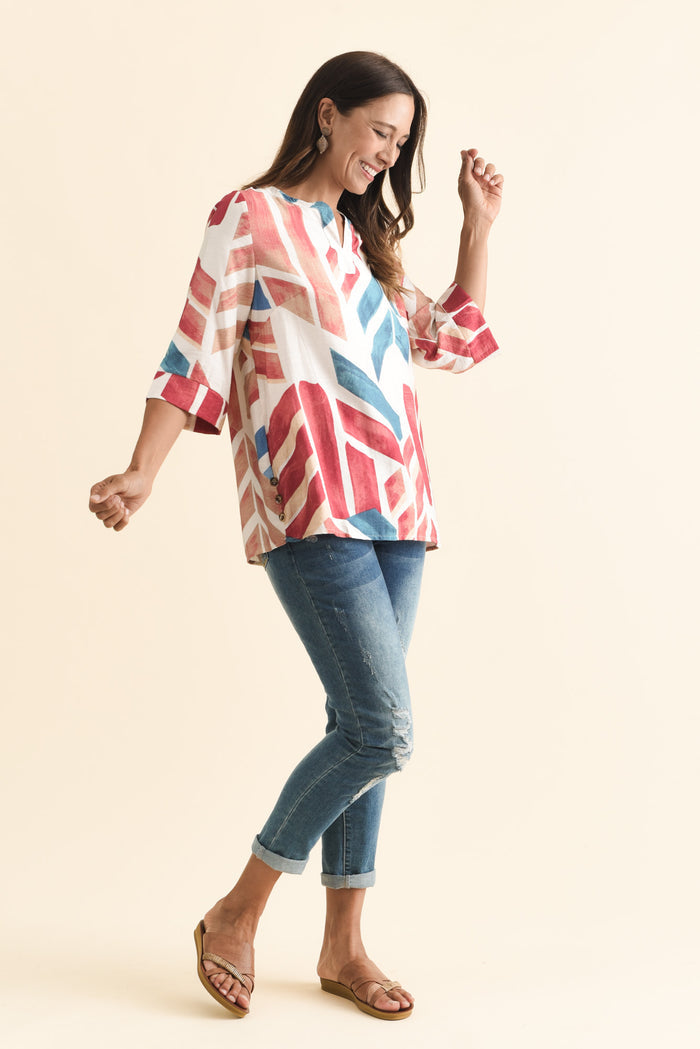 Maddox Pink Mosaic Cotton Blend Top,Brunette model,alt text|model:Cara