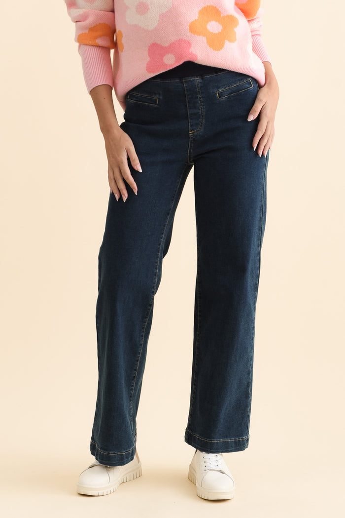 Maddy Dark Blue Straight Leg Jeans,Brunette model,alt text|model:MJ