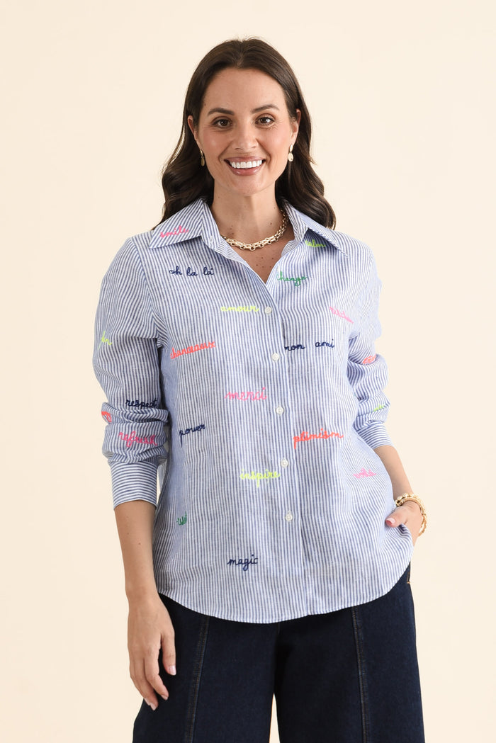 Mafalda Blue Stripe Linen Shirt,brunette model,Front of Outfit,alt text|model:MJ