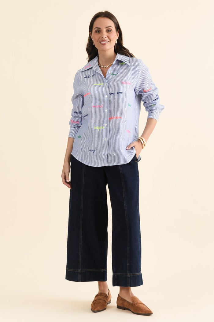 Mafalda Blue Stripe Linen Shirt,brunette model,Full Outfit,alt text|model:MJ