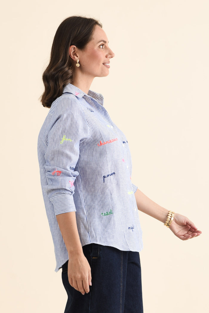 Mafalda Blue Stripe Linen Shirt,brunette model,Side of Outfit,alt text|model:MJ