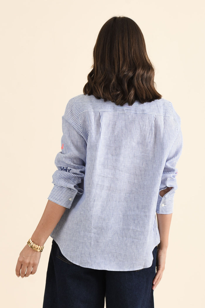 Mafalda Blue Stripe Linen Shirt,brunette model,Back of Outfit,alt text|model:MJ