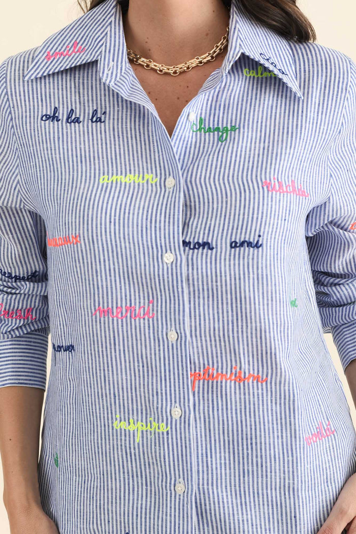 Mafalda Blue Stripe Linen Shirt,brunette model,Close up of outfit,alt text|model:MJ