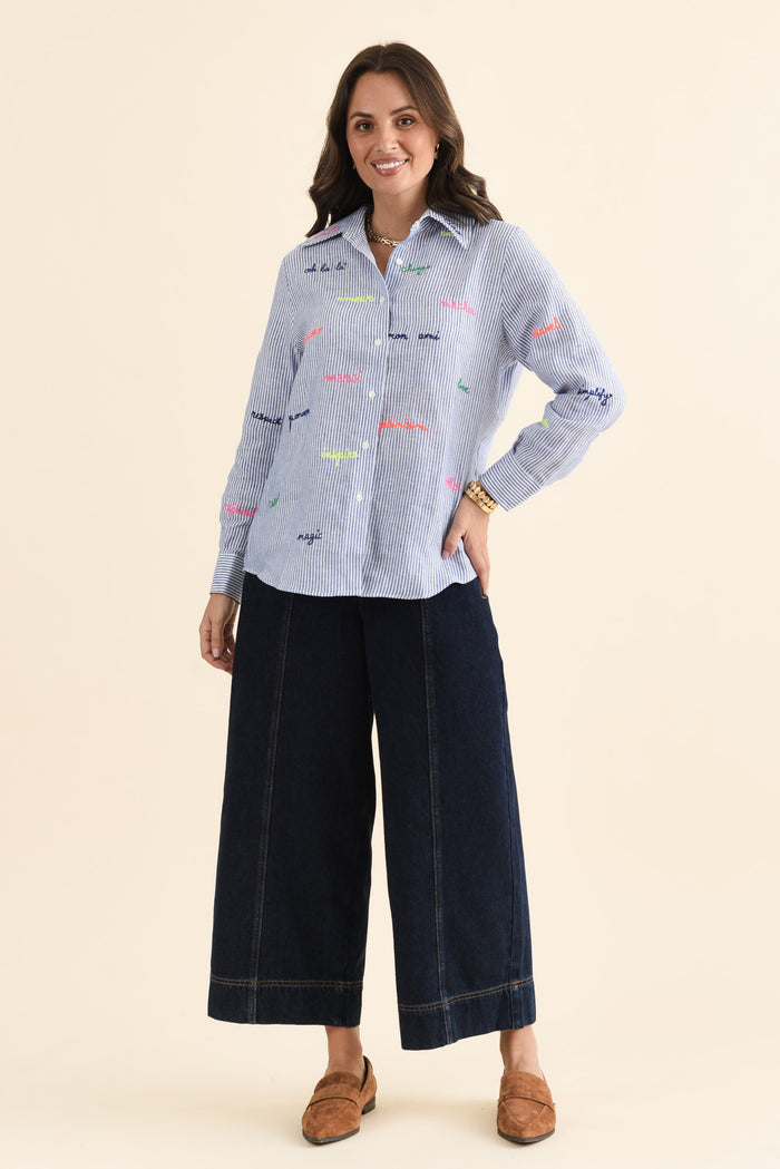 Mafalda Blue Stripe Linen Shirt,brunette model,Full Outfit,alt text|model:MJ