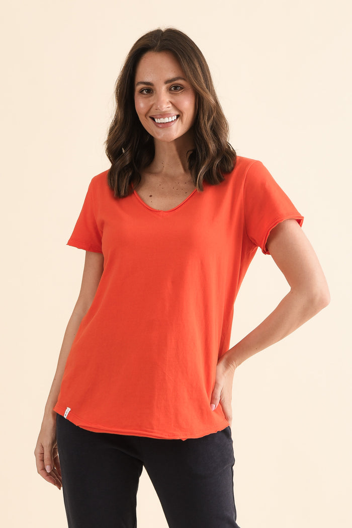 Maggie Bright Red Cotton Vee Tee,Front,Brunette model,alt text|model:MJ