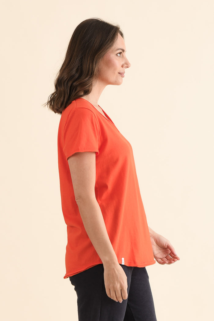 Maggie Bright Red Cotton Vee Tee,Side,Brunette model,alt text|model:MJ