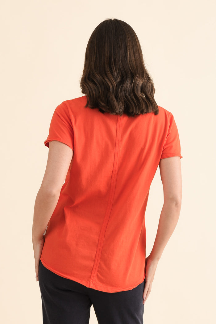 Maggie Bright Red Cotton Vee Tee,Back,Brunette model,alt text|model:MJ