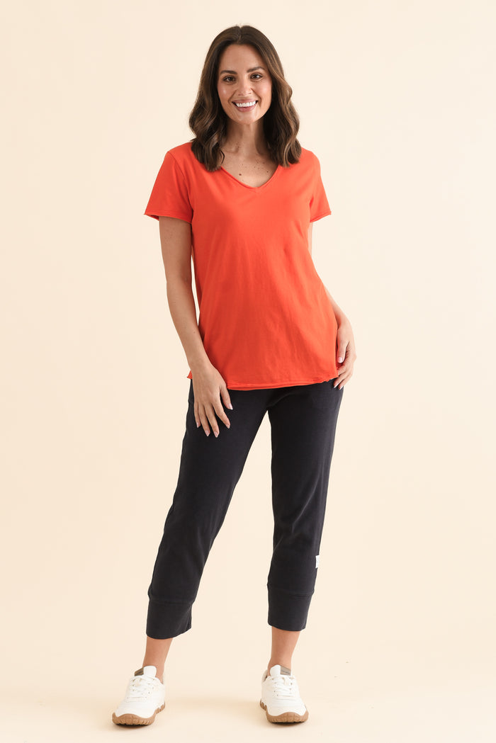 Maggie Bright Red Cotton Vee Tee,Full Body,Brunette model,alt text|model:MJ