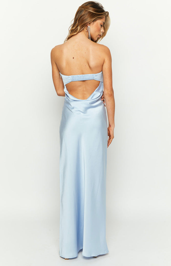 Rear view of a blue strapless maxi dress with an open V-back and shirred elastic band