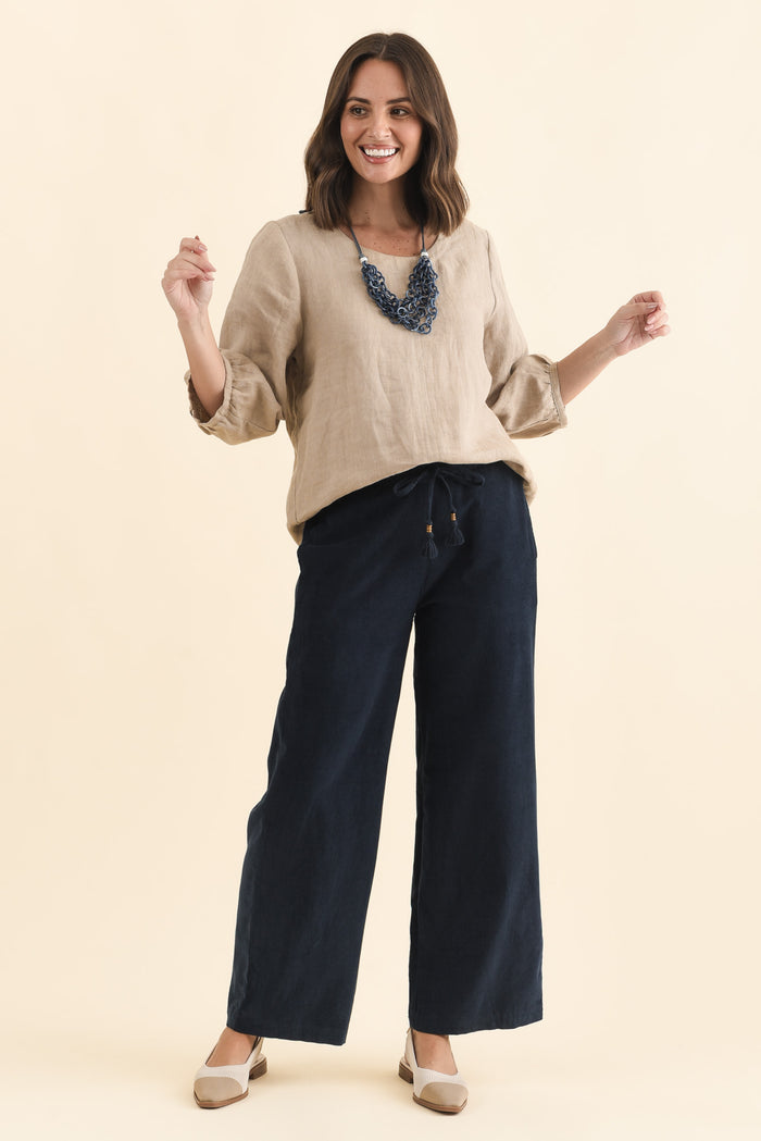 Makenna Navy Corduroy Tassel Pants,Brunette model,alt text|model:MJ