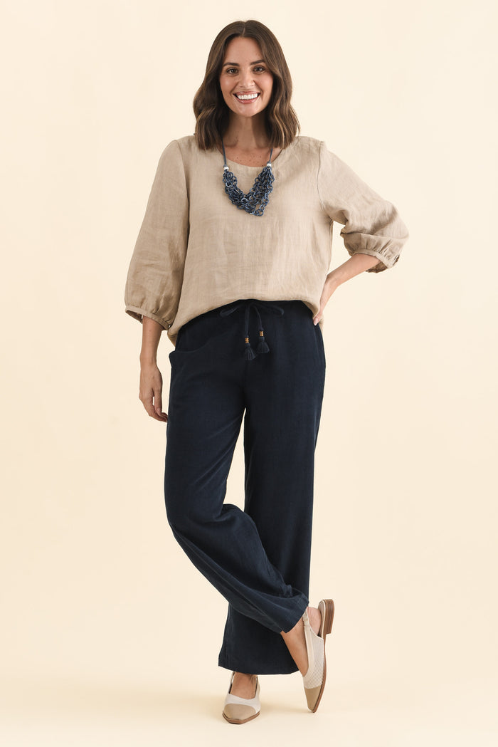 Makenna Navy Corduroy Tassel Pants,Brunette model,alt text|model:MJ