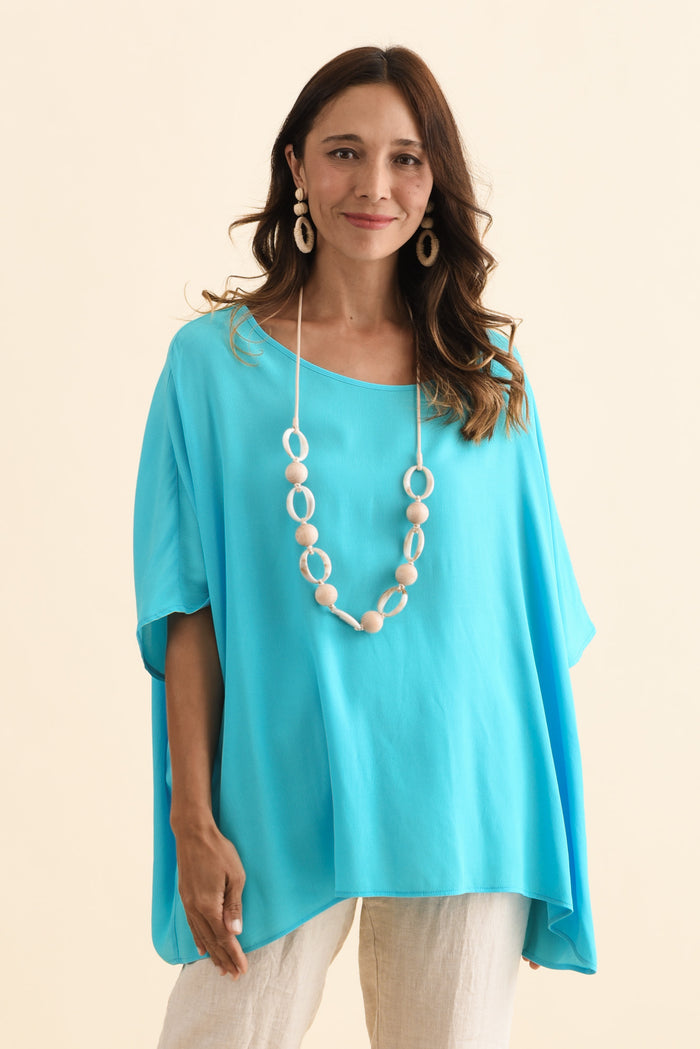 Mali Blue Drape Top,Brunette model,alt text|model:Cara