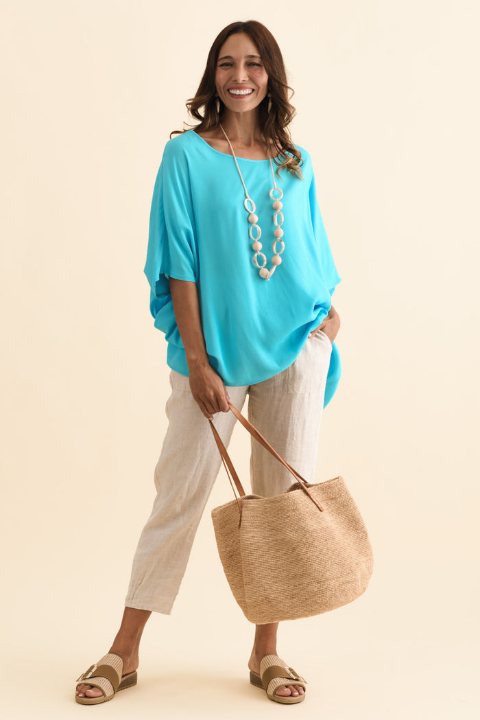 Mali Blue Drape Top,Brunette model,alt text|model:Cara