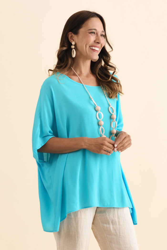 Mali Blue Drape Top,Brunette model,alt text|model:Cara