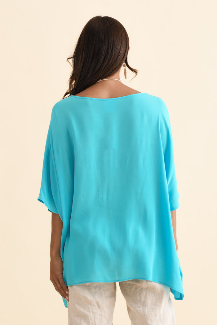 Mali Blue Drape Top,Brunette model,alt text|model:Cara