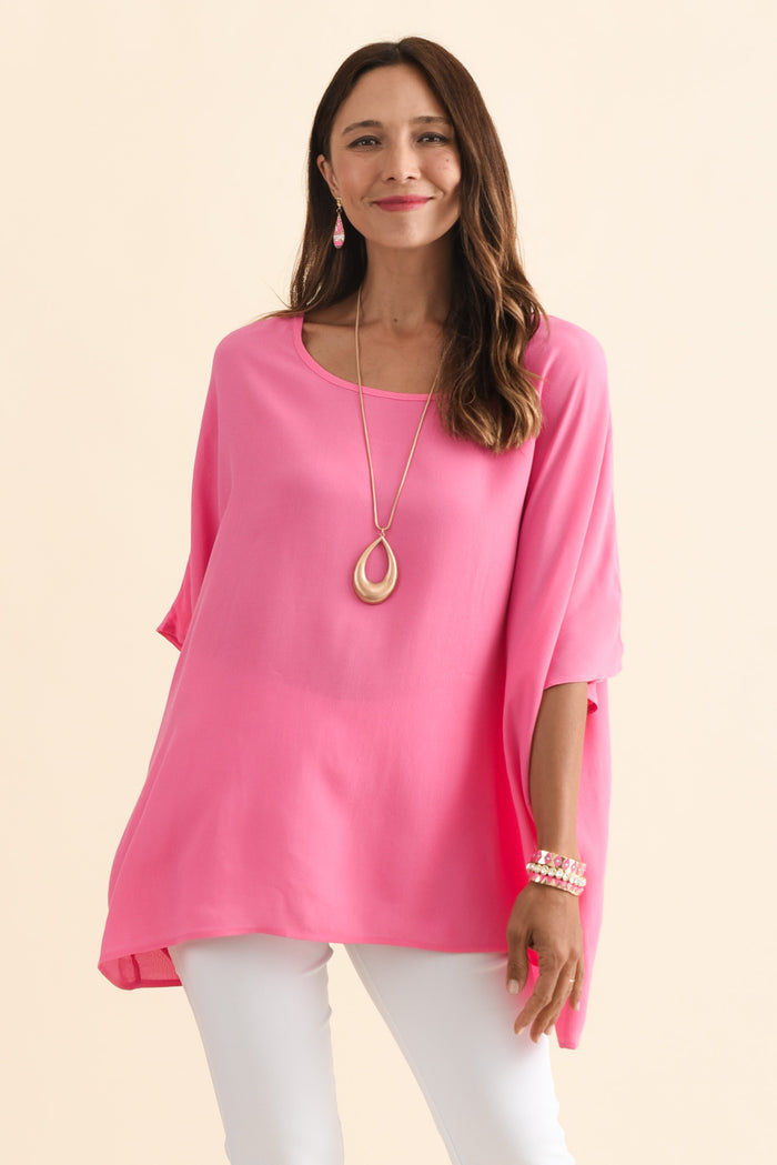 Mali Hot Pink Drape Top,Brunette model,alt text|model:Cara