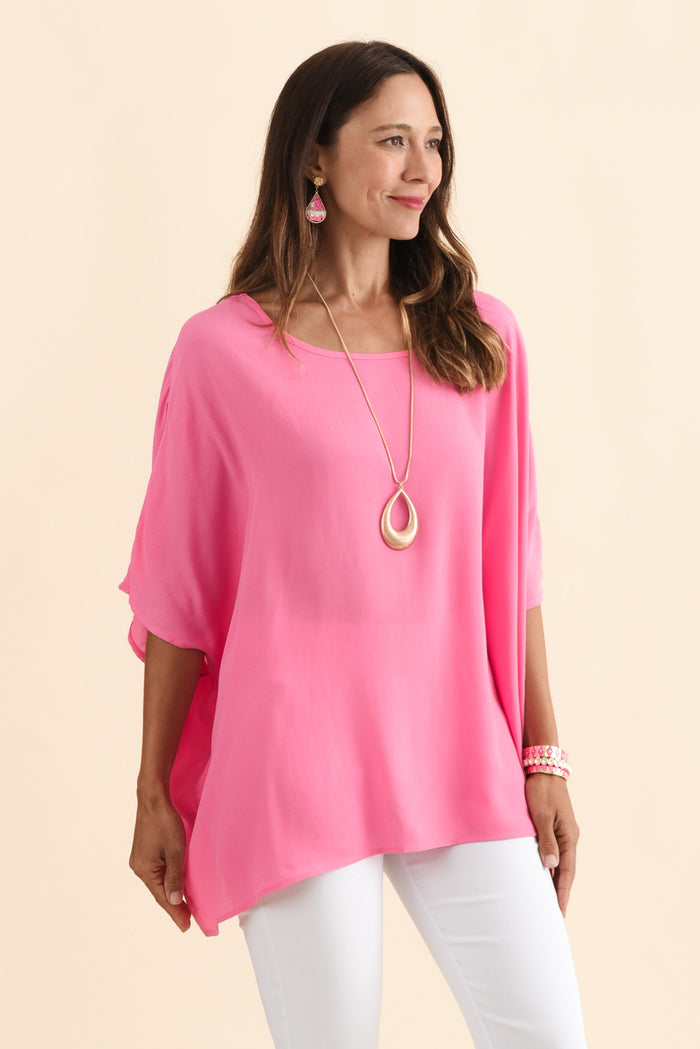 Mali Hot Pink Drape Top,Brunette model,alt text|model:Cara