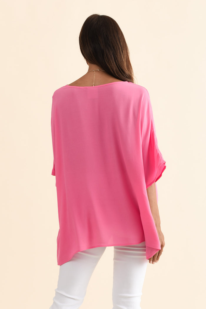 Mali Hot Pink Drape Top,Brunette model,alt text|model:Cara